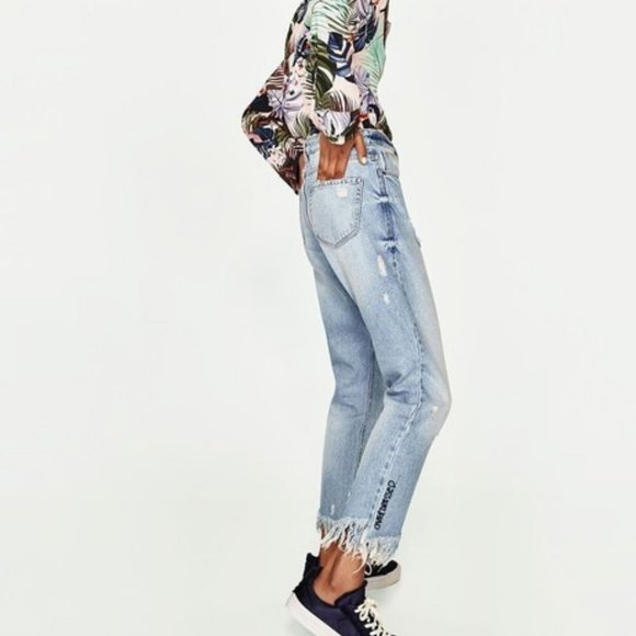 Zara Denim - Zara Raw Frayed Hem High Waisted Mom Jeans Sz 2